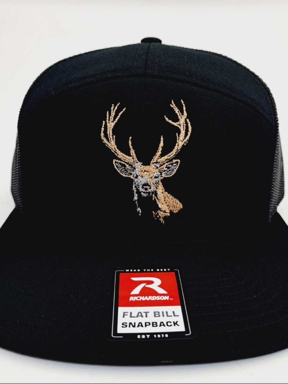 Deer Hunter Gift Richardson 168 7 Panel Flat Bill Mesh Snapback Cap Hat Black
